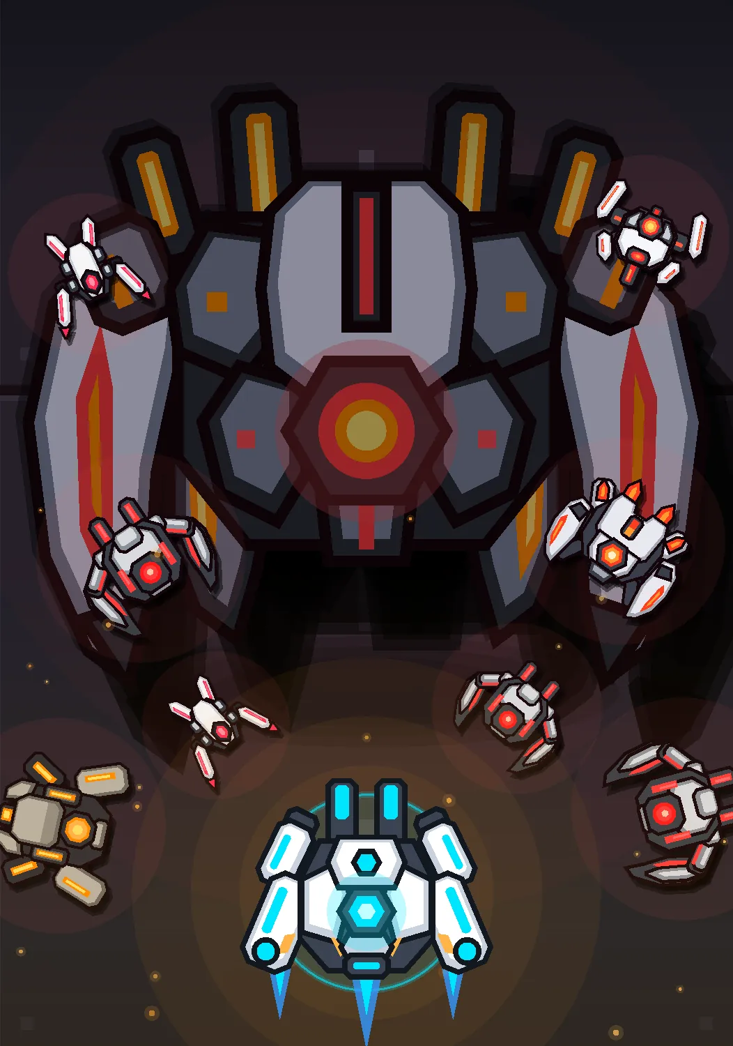 A white combat robot with cyan energy cores faces a towering hostile machine and its swarm of red-eyed drones.