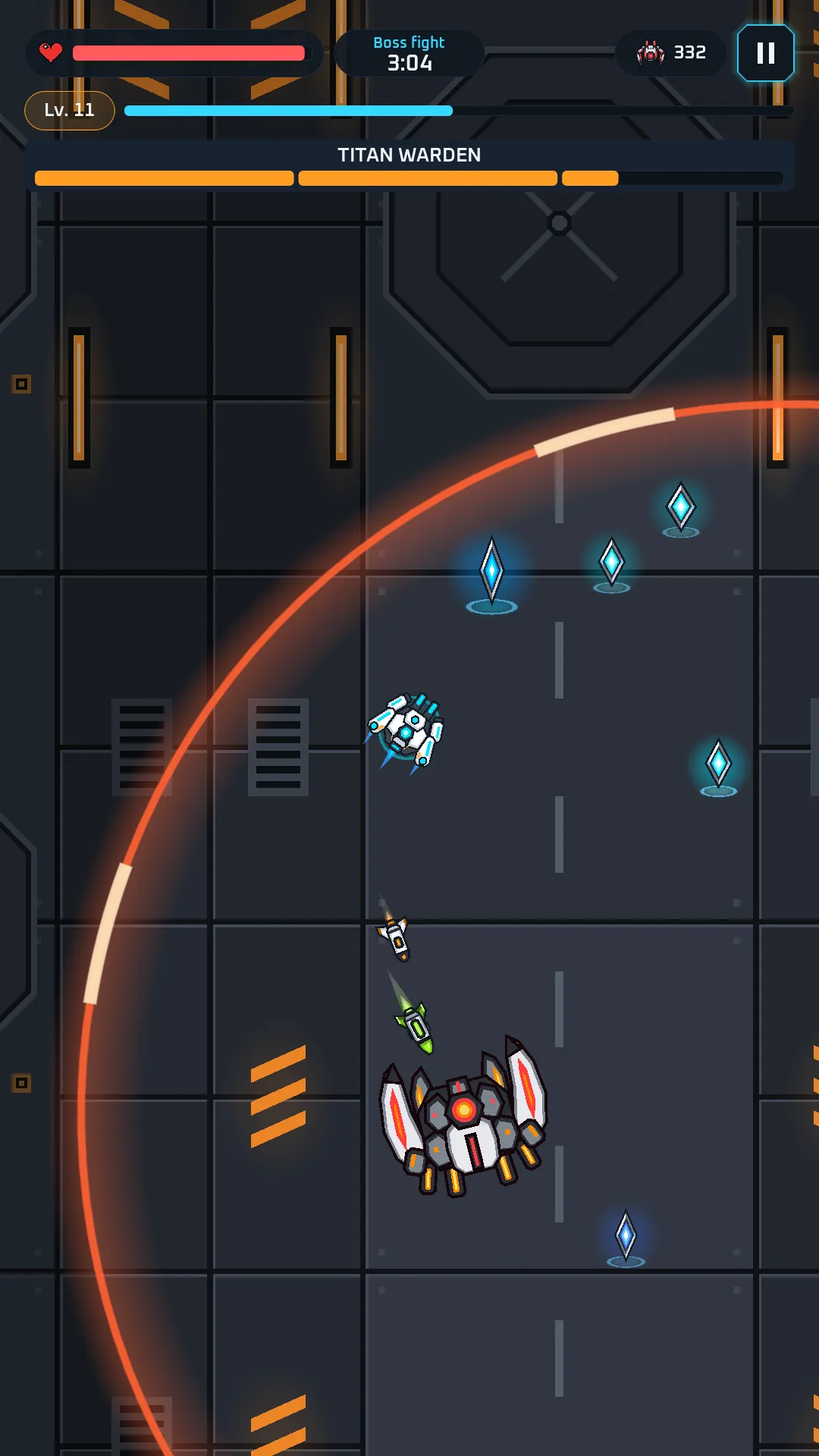 Boss fight: the robot and the Titan Warden inside a circular energy barrier, the boss’s segmented health bar across the top of the screen.
