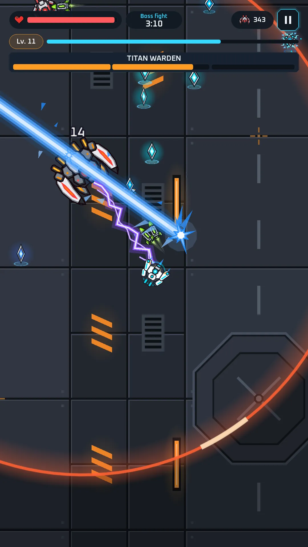 Beam and chain lightning on the Titan Warden as its phased health bar drops.