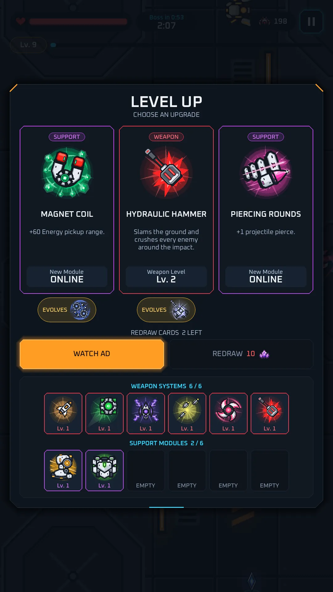 The level-up screen with three upgrade cards above the current loadout of weapon systems and support modules.