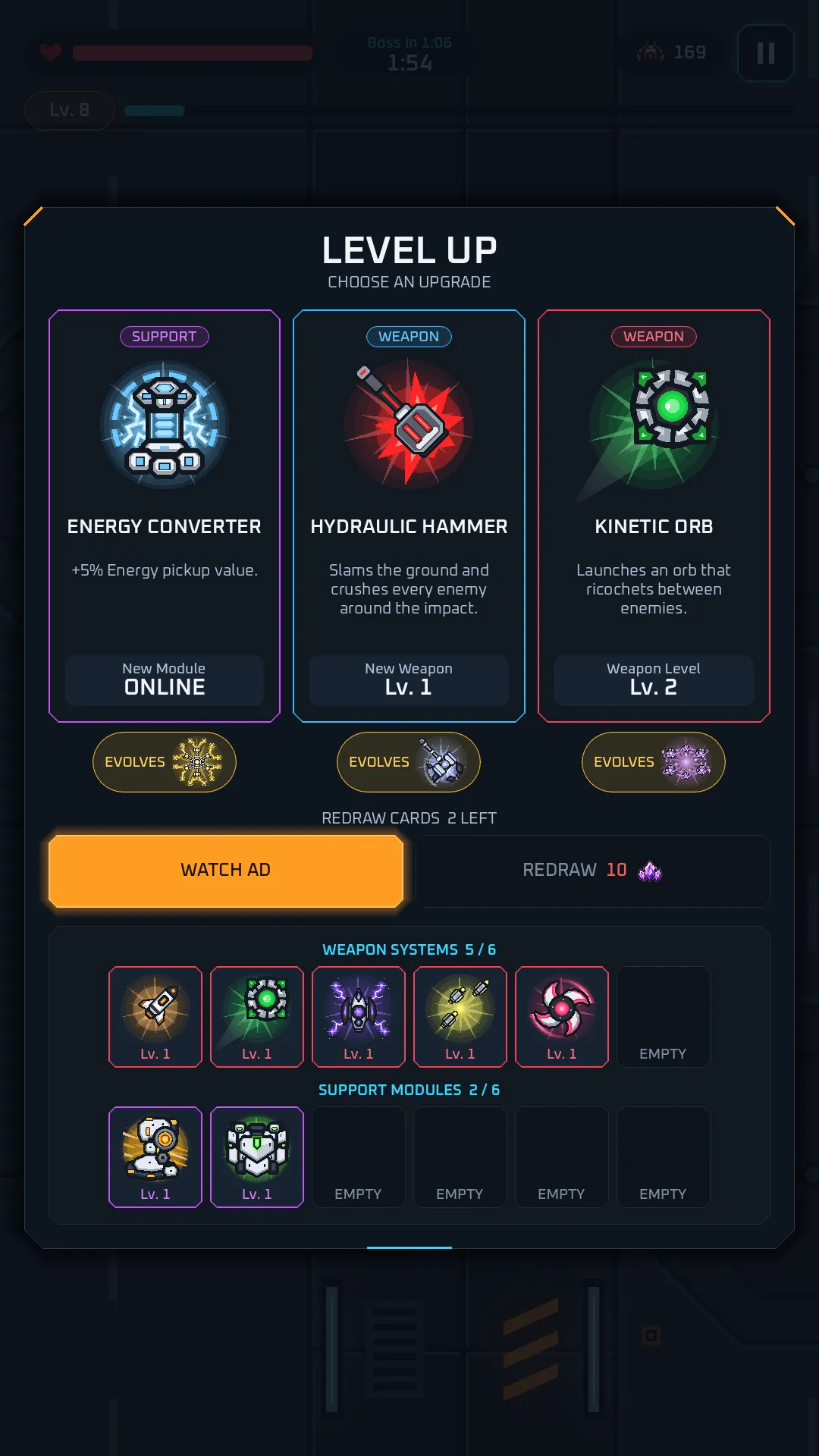 The level-up screen also shows your loadout of weapon systems and support modules.