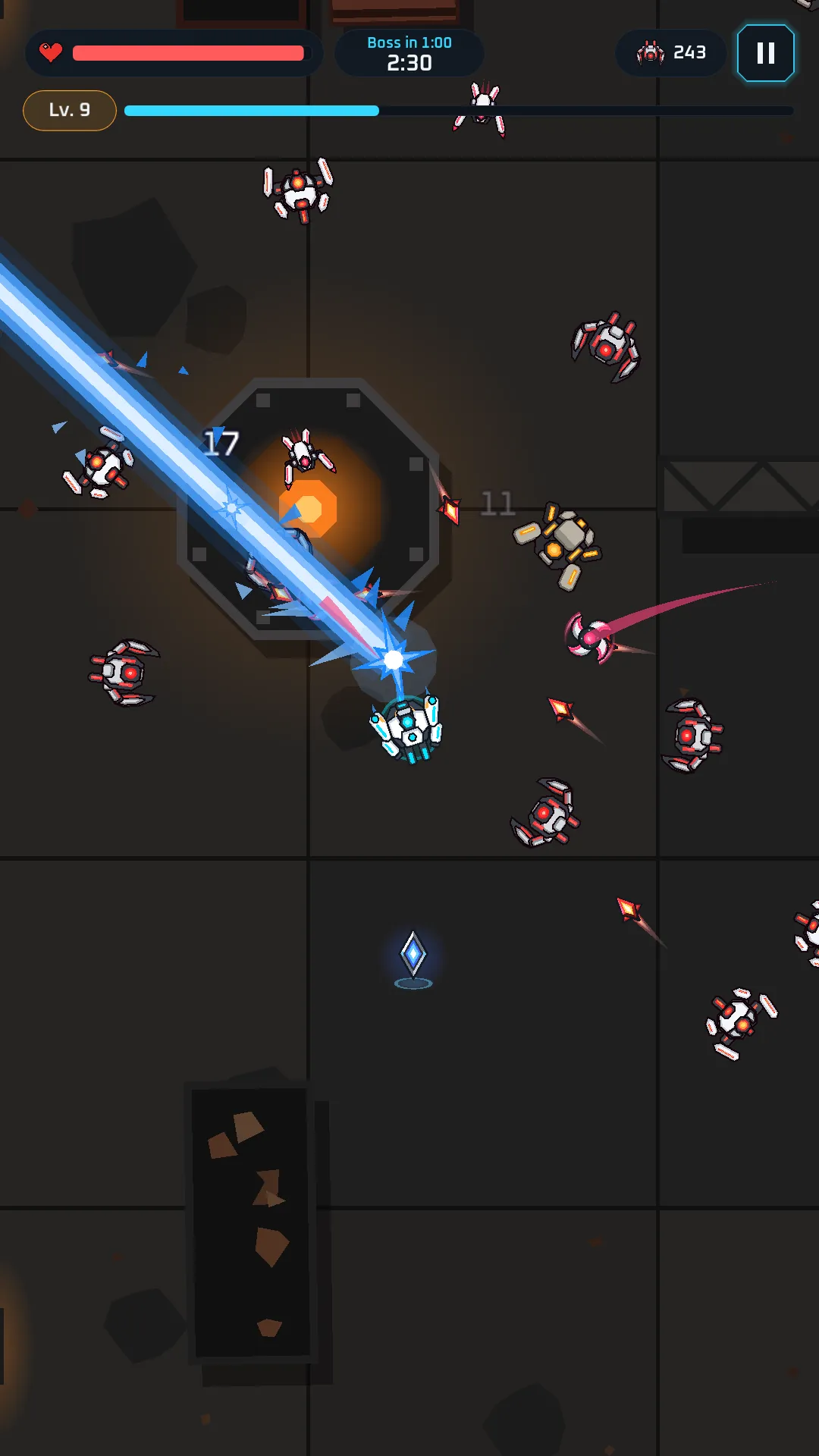 Scrapyard Depths: combat on a dark steel scrapyard floor lit by orange industrial lights.