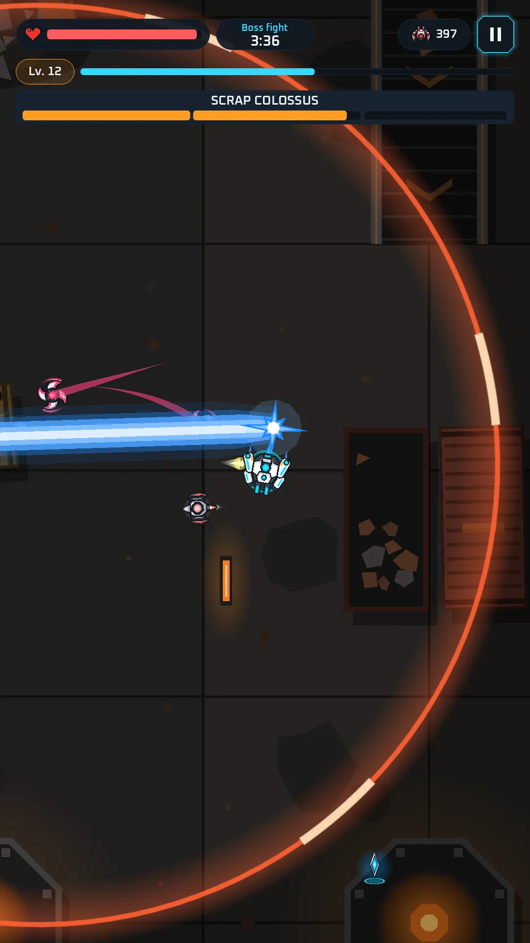 The energy barrier rises in Scrapyard Depths as the Scrap Colossus fight begins.