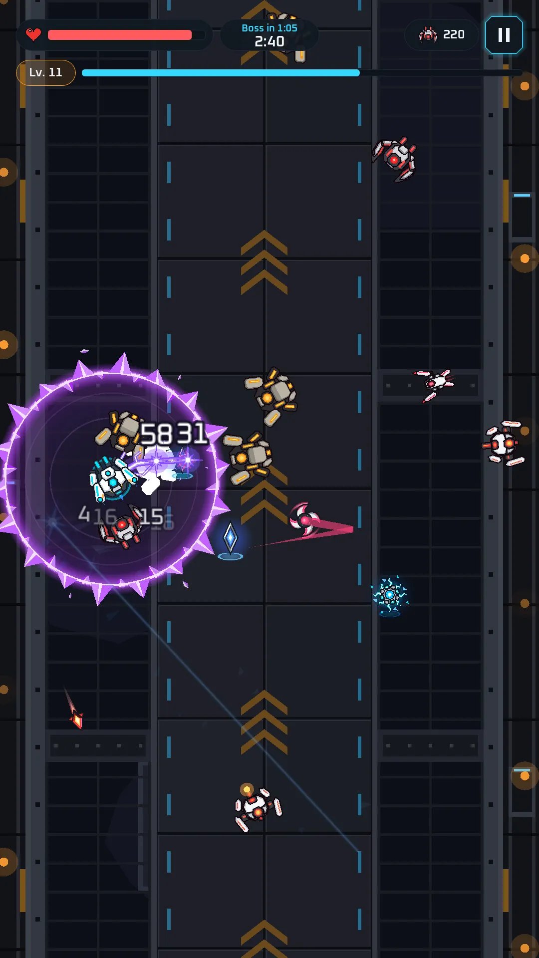 Skyline Collapse: the robot fighting up a bounded vertical corridor of a collapsing megastructure.
