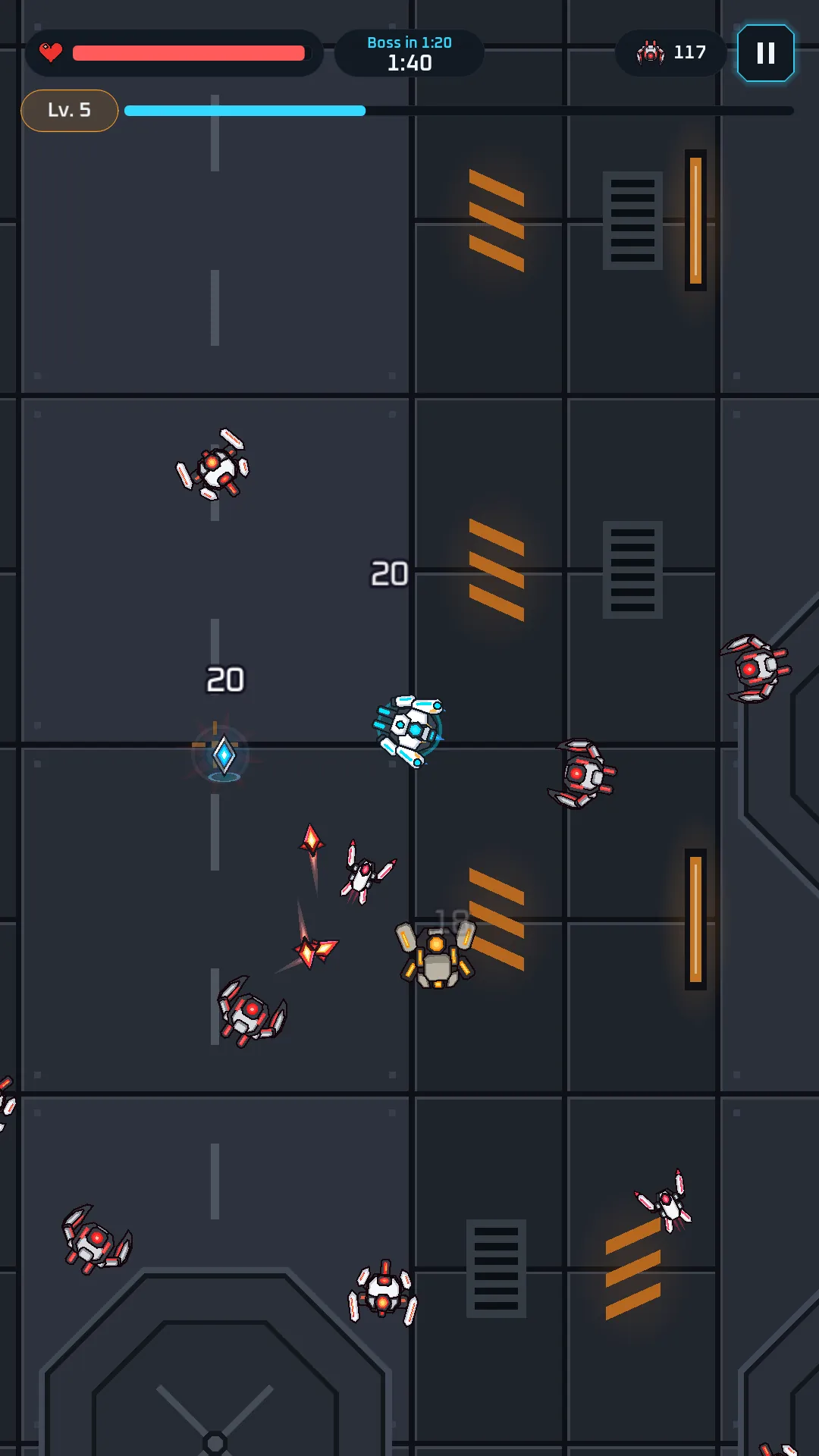 Gameplay: the white combat robot fires guided missiles at red-eyed machines on the Industrial Breach floor, with the boss timer and kill count in the HUD.