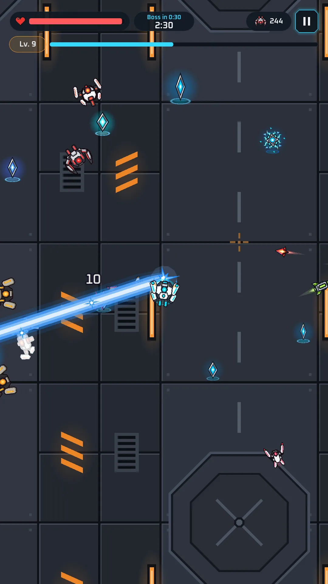 Industrial Breach at 2:30: a beam weapon sweeps the swarm while Energy shards wait to be collected.